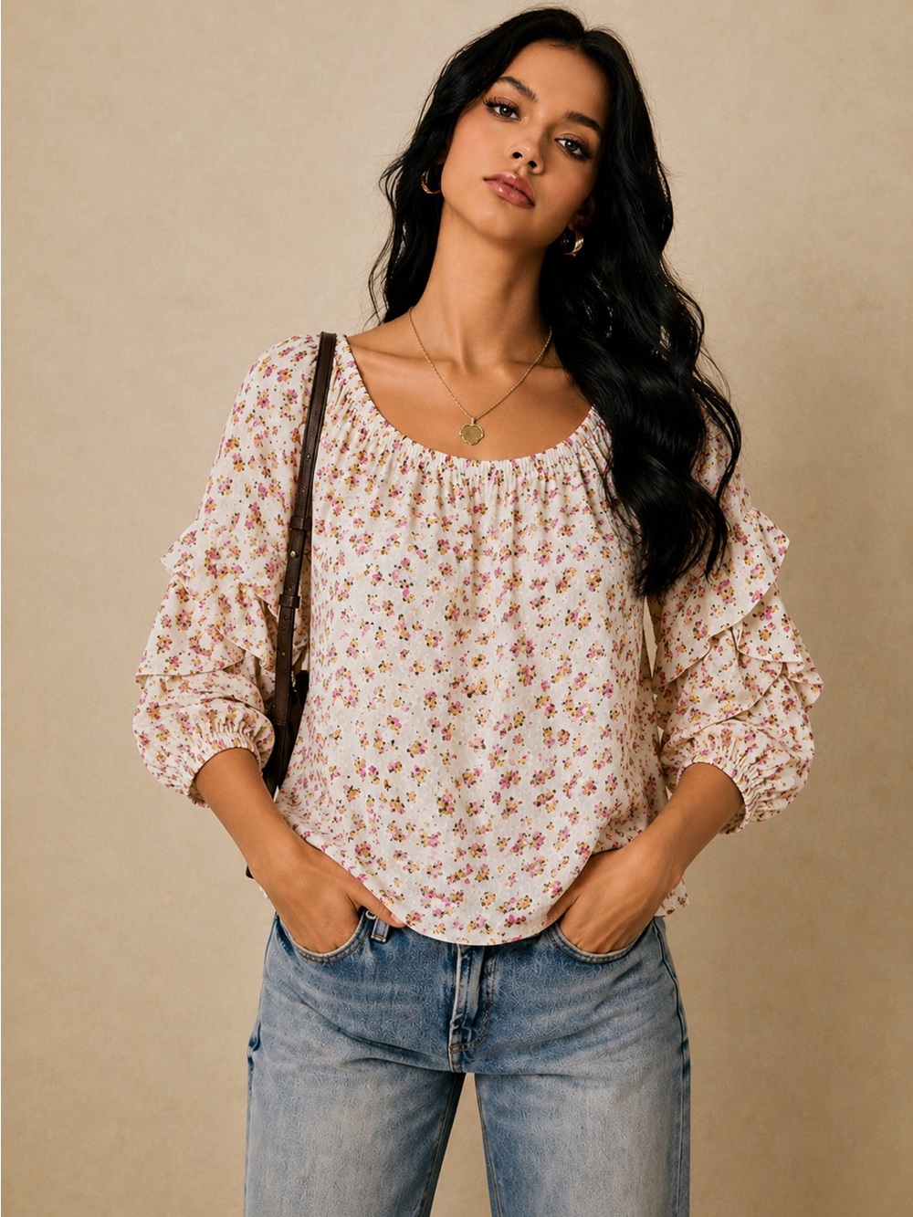 CeCe White Puff Sleeve Floral Eyelet Blouse Small